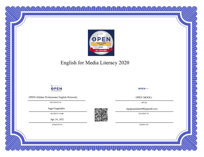 ჩემი სერტიფიკატები / My Certificates English for Media Literacy
