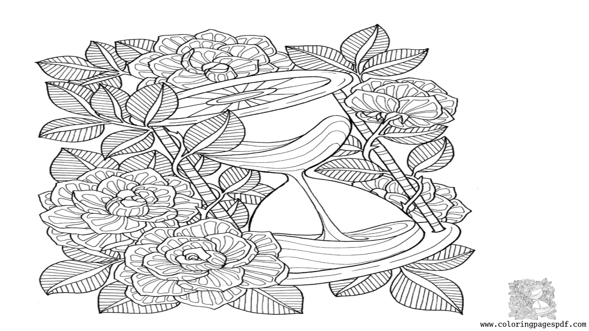 Coloring Page Of Flowers Surrounding An Hourglass