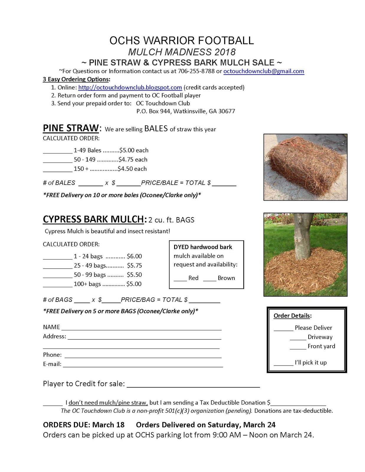 OC Touchdown Club Mulch Madness ORDER FORM