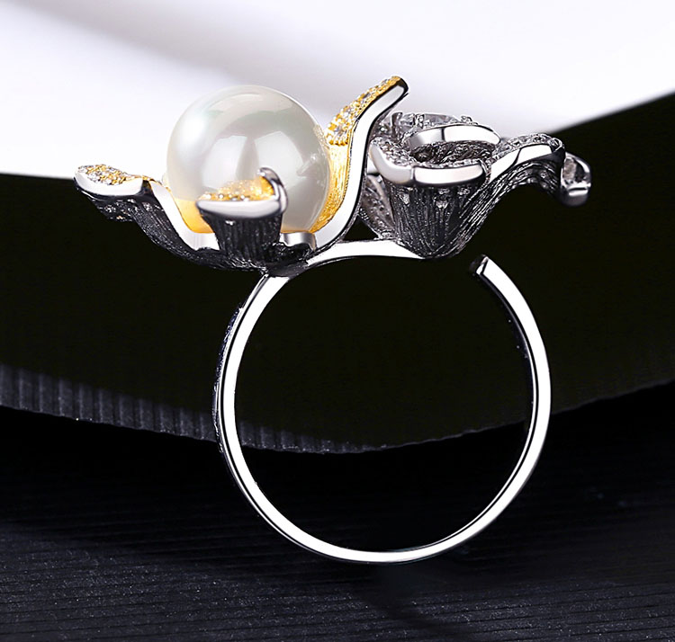 華麗風雙色擬珍珠 925純銀開口式戒指