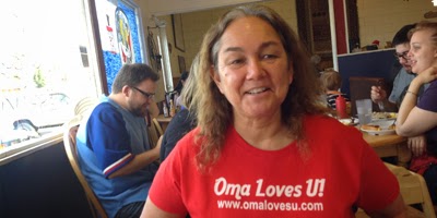 Oma shows off her new Allied Shirts at her favorite Restaurant, "Home Sweet Home"
