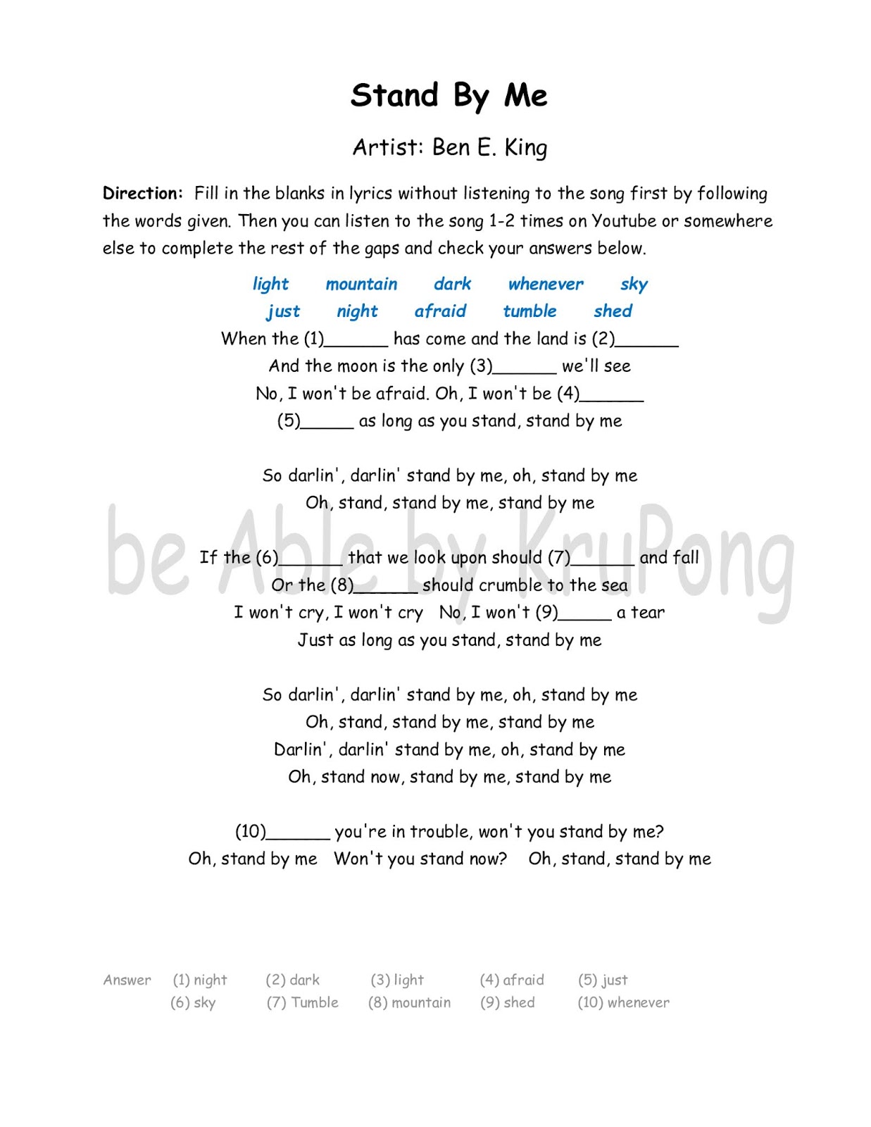 be Able...by ครูโป่ง Stand By Me_Free Printable Lyrics Worksheet
