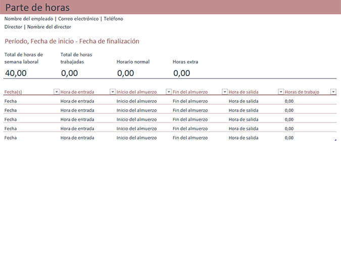 Plantilla de Excel parte de horas