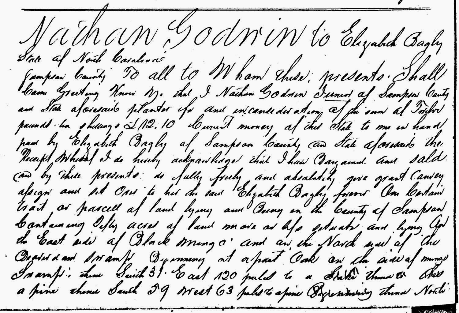 Deed Nathan Godwin to Elizabeth Bagley Sampson County NC 1801-1