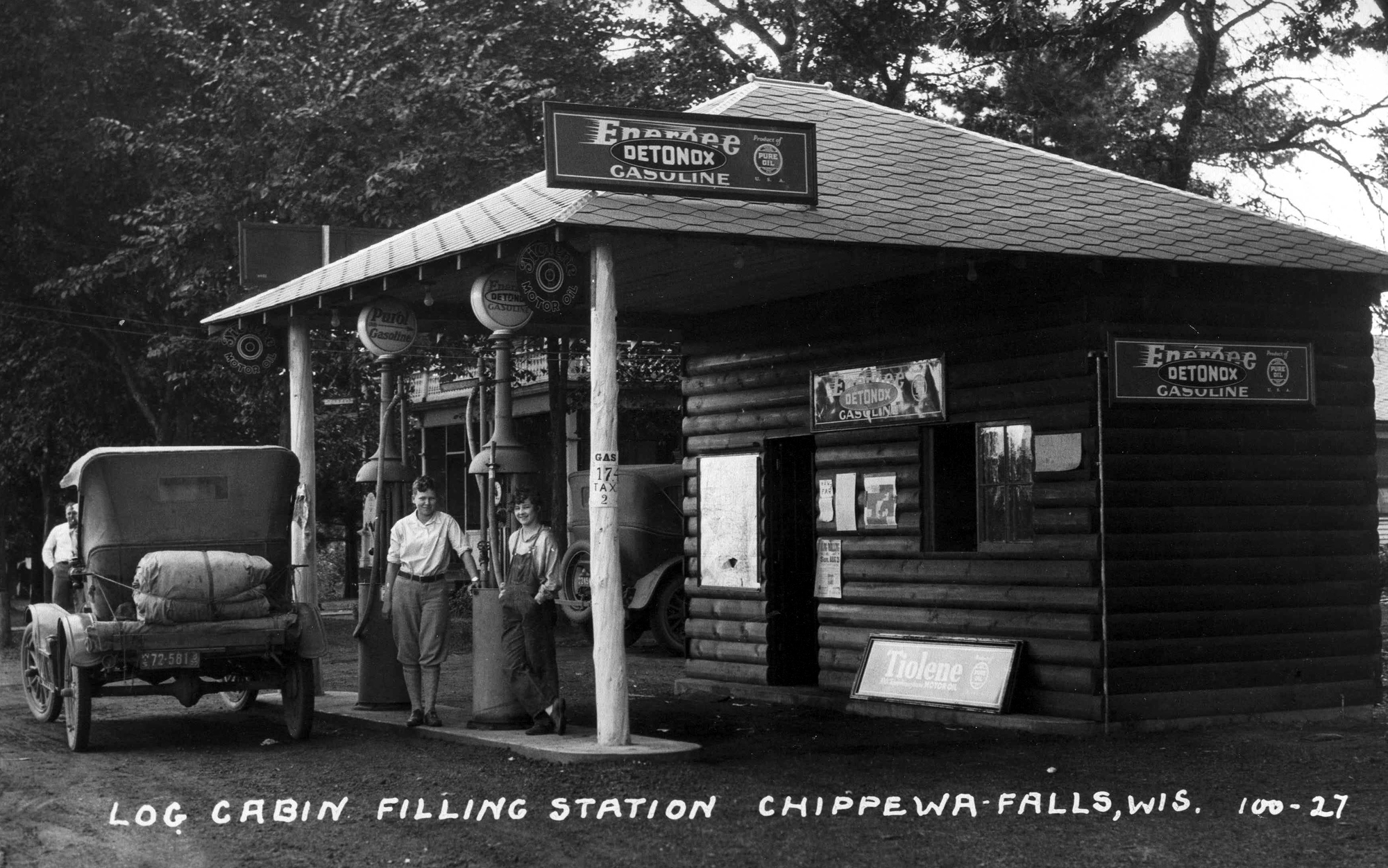 Just A Car Guy log cabin style gas station in 1927, Chippewa Falls