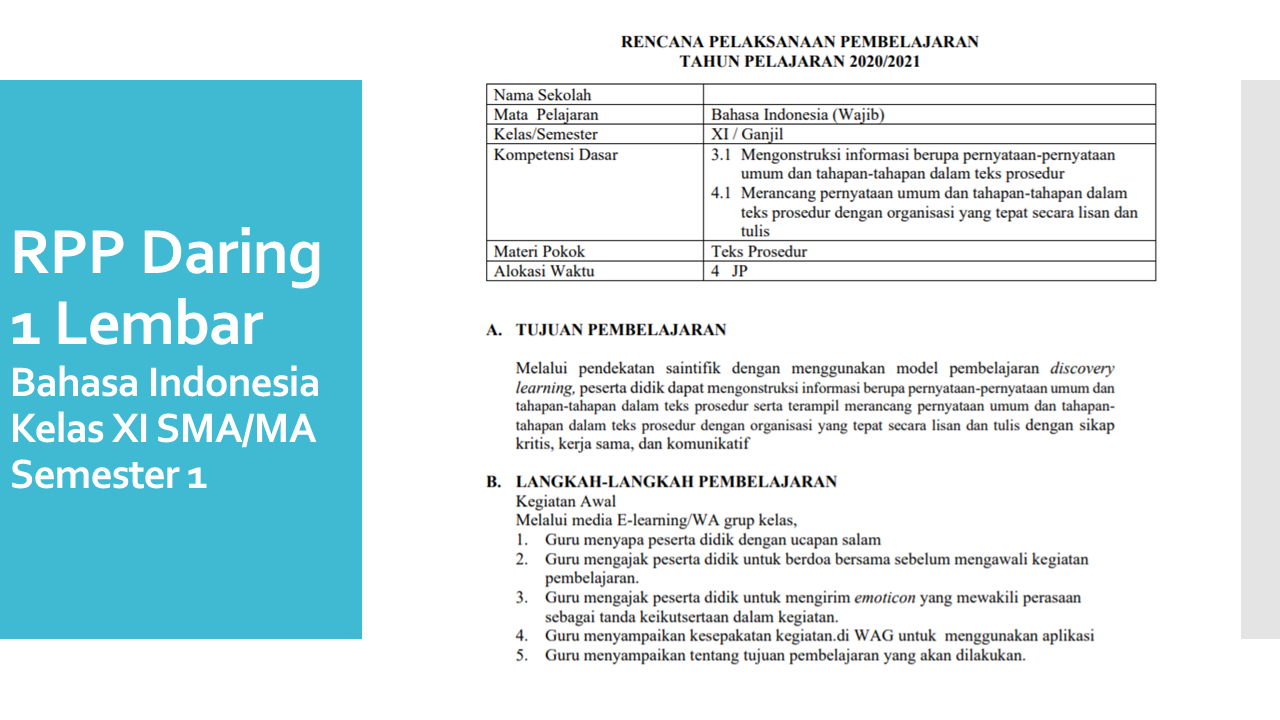 RPP Daring 1 Lembar Bahasa Indonesia Kelas XI SMA/MA Semester 2