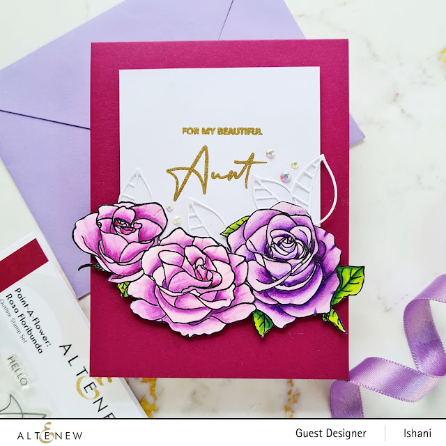 Altenew Rose stamp. Altenew Rosa Floribunda, Pain a flower stamp set, Card for Aunt, Coloring Roses with Copics, Cards by Ishani, Quillish, Elegant Rose card