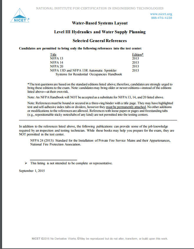 NICET Water Based Systems Layout I, II & III