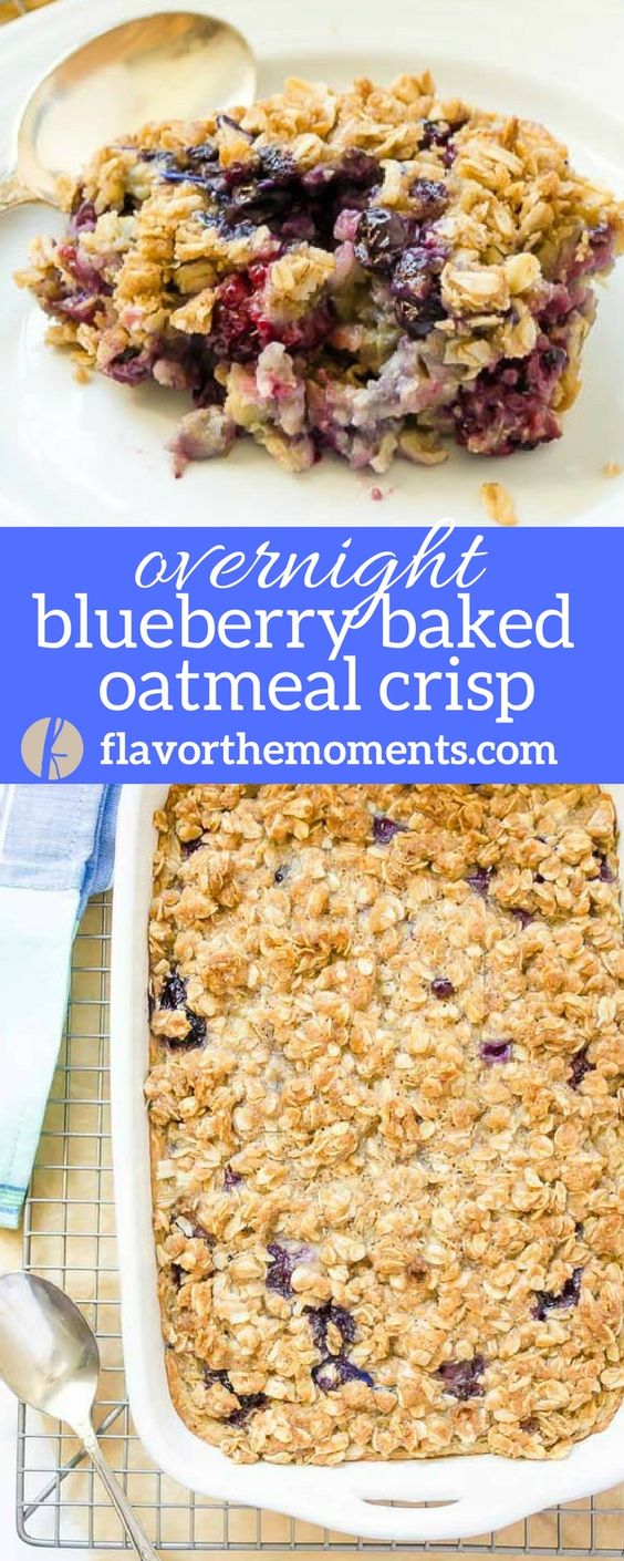 Overnight Blueberry Baked Oatmeal Crisp is overnight oats baked with blueberries and topped streusel topping.  It's the perfect make ahead breakfast or brunch! #overnight #bakedoatmeal #oatmeal #blueberry #breakfast #brunch