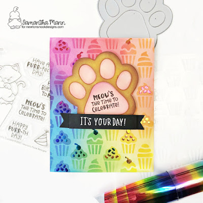 Pawsome Birthday Card by Samantha Mann for Newton's Nook Designs 8 year Celebration, Birthday, Card, Card Making, Birthday, Pawprints, Decofoil, Foil,  Cupcake, #newtonsnook #newtonsnookdesigns #birthdaycard #cardmaking #papercrafting