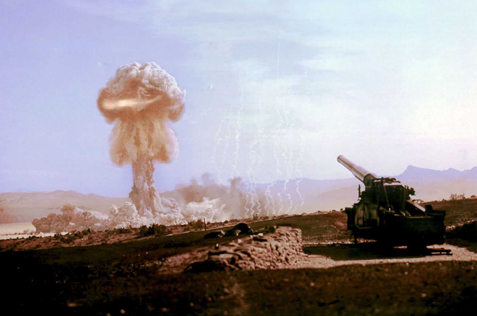 Operation Upshot-Knothole Grable, a test carried out by the U.S. military in Nevada on May 25, 1953. A 280mm nuclear shell was fired 6 miles into the desert by the M65 Atomic Cannon, detonating in the air, about 500 feet above the ground, with a resulting 15-kiloton explosion.