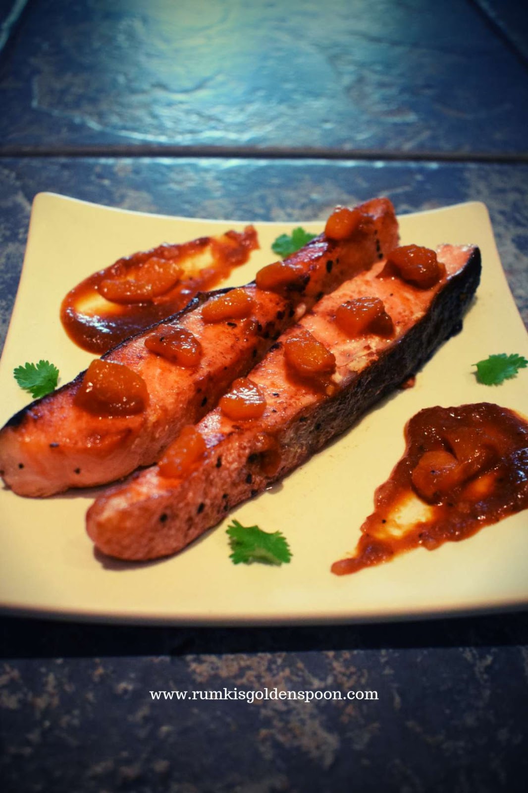 Salmon in Apricot Sauce, Rumki's Golden Spoon, Quick and Easy recipe, Recipe with Salmon fish, recipe with apricot sauce, fish recipes with fruit sauce, main course recipe with fish, continental fish recipe