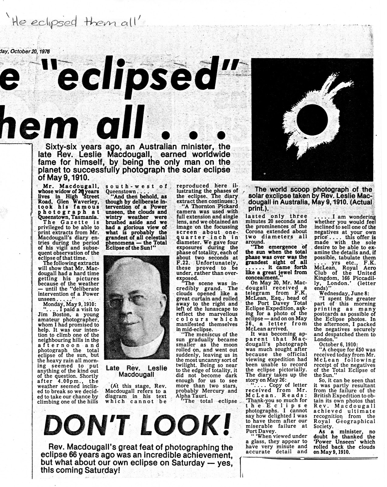 Rev. Leslie S. Macdougall Diaries Solar Eclipse of Sun 9 May 1910