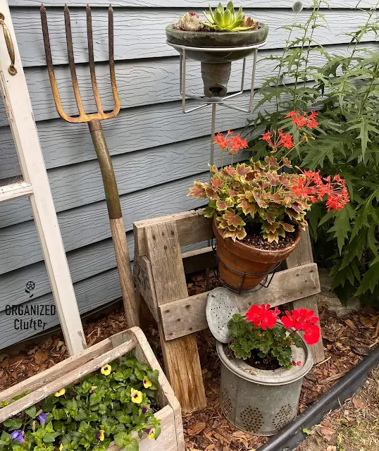 Photo of a junk garden vignette with a high frequency insulator planter