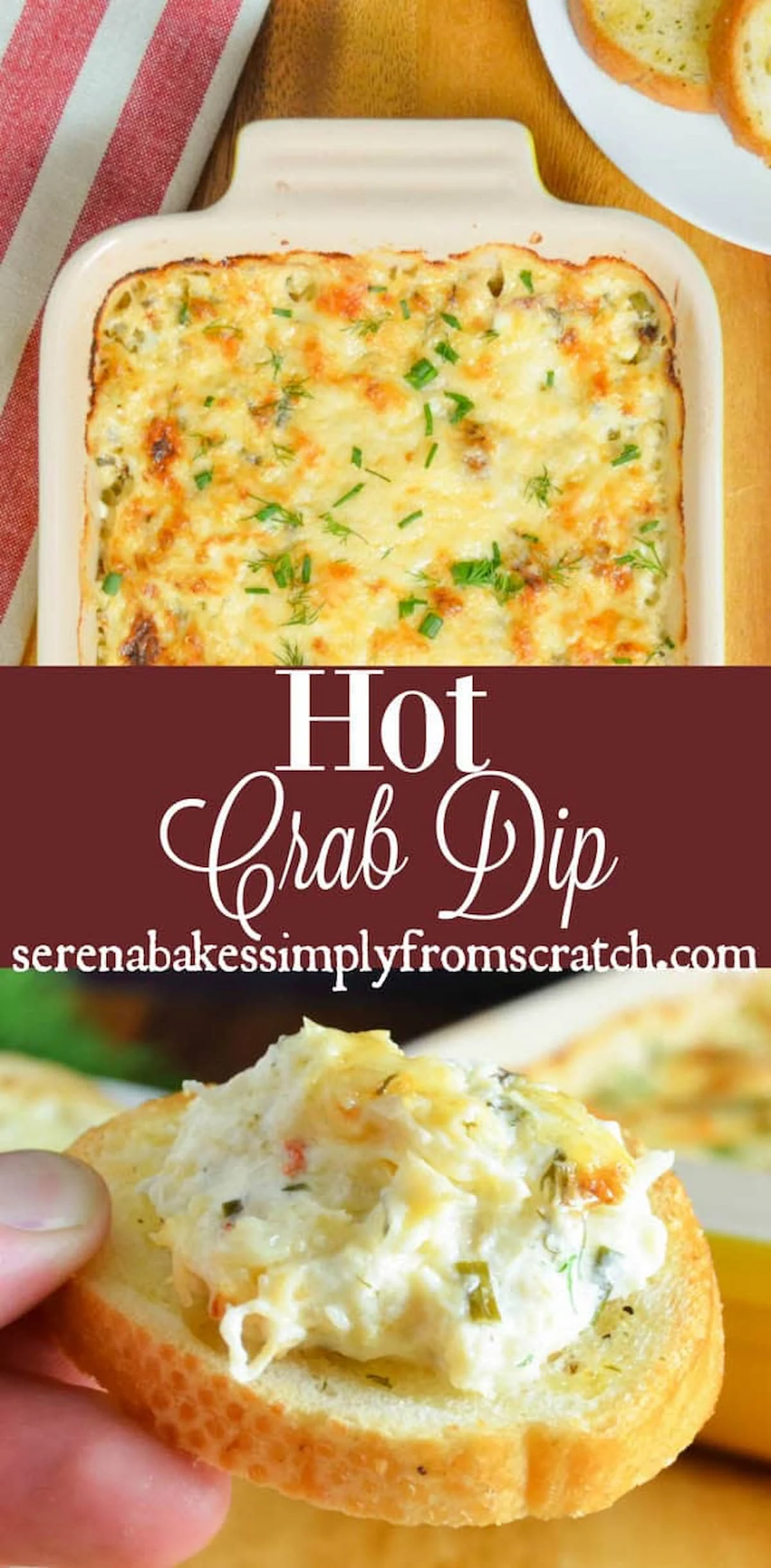 Hot Crab Dip is a favorite party appetizer loaded with lots of Dungeness Crab in a cheesy herb base recipe from Serena Bakes Simply From Scratch.
