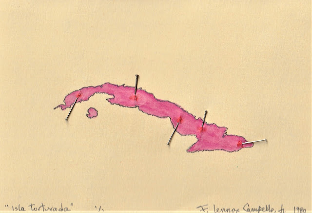 "Isla Torturada" Hand-colored monoprint with embedded pins 5x7 inches