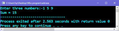 Program in C and C++ to calculate sum of three numbers using function