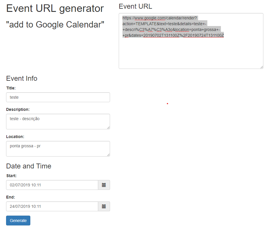Gerador de links para Evento Google Calendar