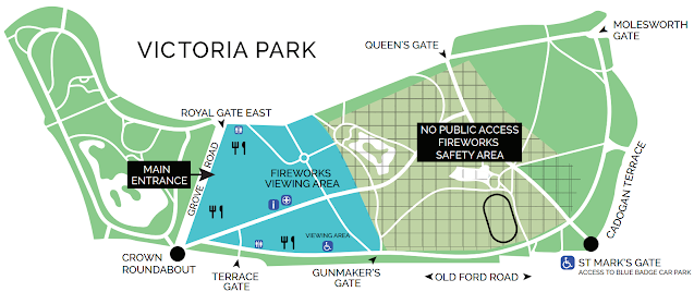 A map showing the entrances and exits for the Victoria Park fireworks show