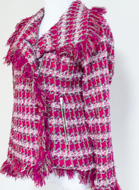 Butterick 5958 Hot Pink Fringe Jacket Cat in a wardrobe