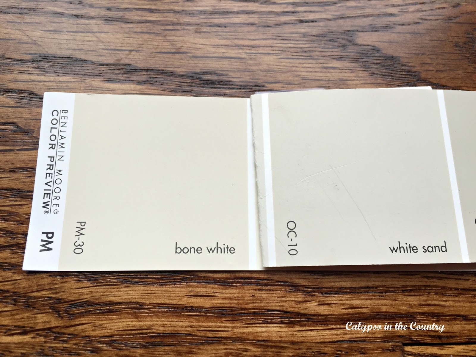 Benjamin Moore paint swatch with Bone White and White Sand