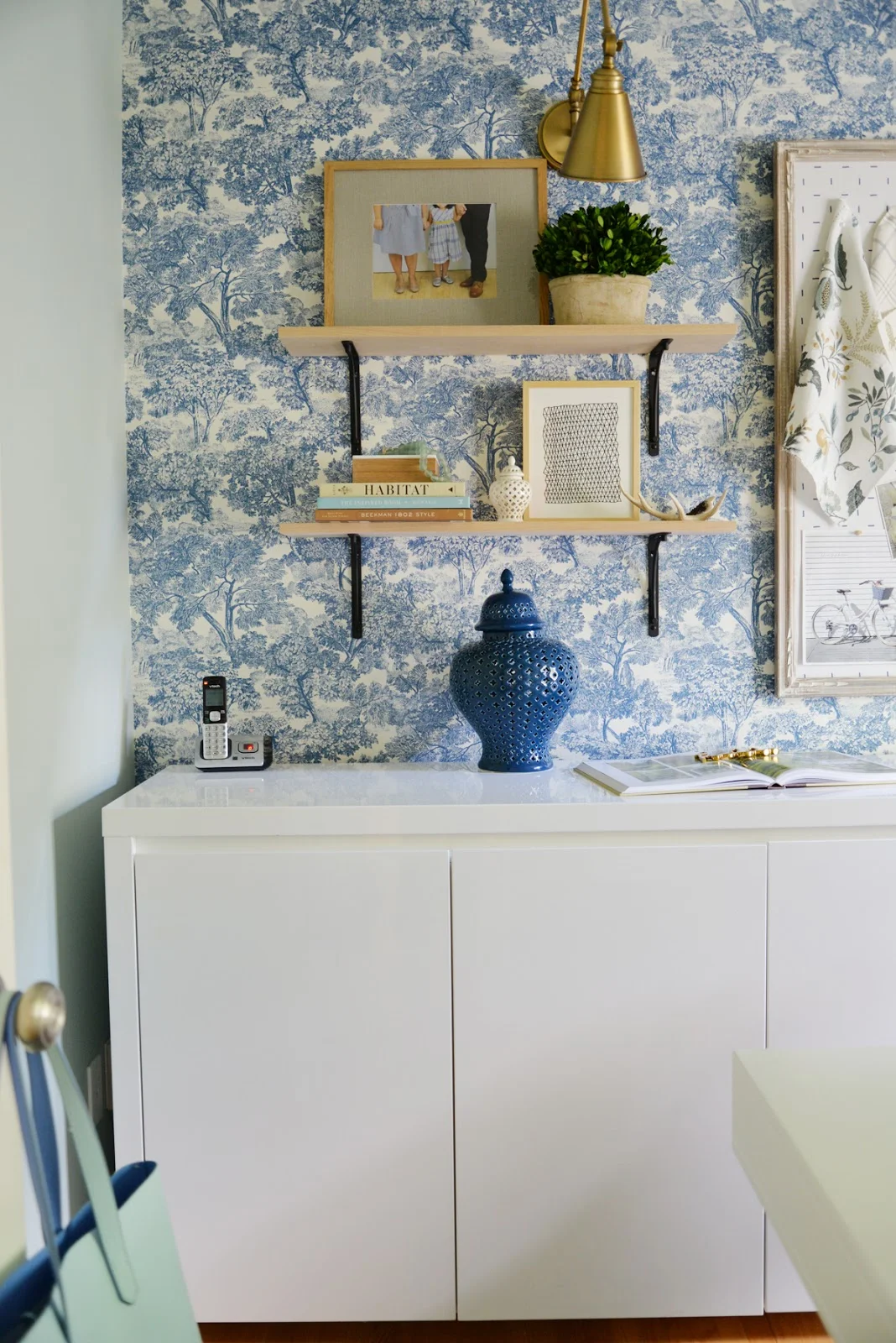 feminine home office, modern traditional office, floating shelves, Rambling Renovators, wallpaper and brass sconces