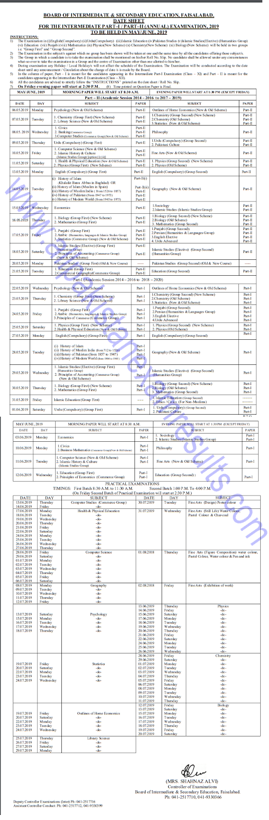 BISE Faisalabad Board 12th Class Date Sheet 2019 BISE Faisalabad Board 12th Class Date Sheet 2019