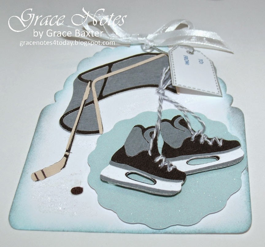 Hockey rink gift tag, skates, stick, puck and ice