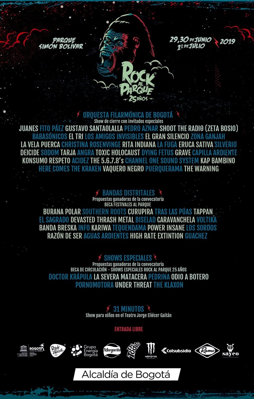 PROGRAMACIÓN y HORARIOS de Rock al Parque 2019 Zona Bogota DC