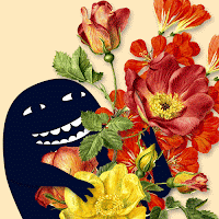 Even black blob monsters love flowers. A black figure embracing orange and yellow flowers.