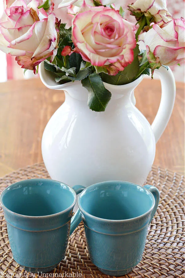 Pink roses and pottery barn aqua cambria mugs