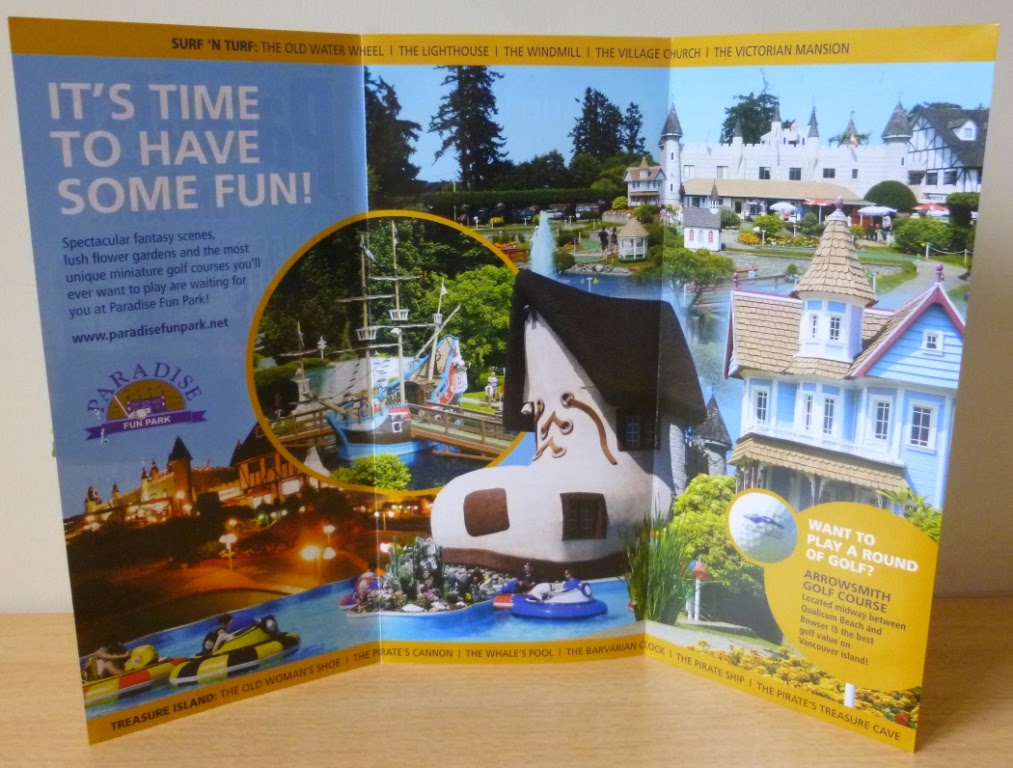 A look inside the brochure for Paradise Fun Park - the mini-golf courses have some very BIG obstacles including a fully rigged pirate galleon, treasure cave, water mill, Victorian mansion, Bavarian clock and a Dutch windmill