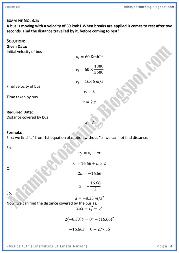 Adamjee Coaching Kinematics of Linear Motion Solved Numericals