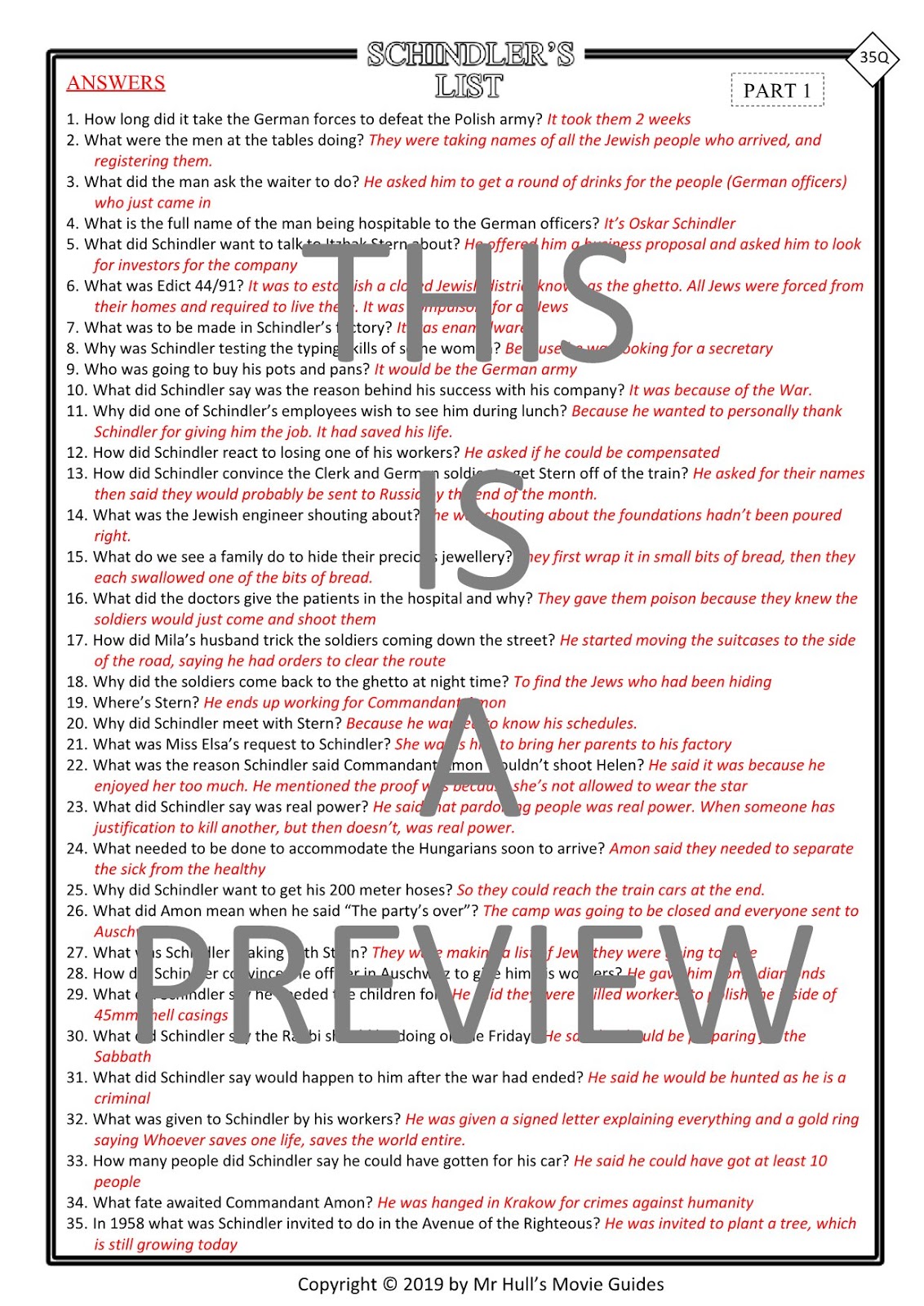 Schindler's List Movie Guide + Activities Answer Keys Included