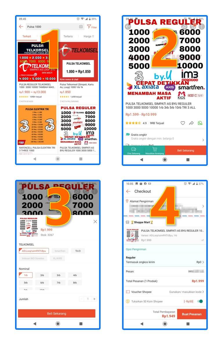 Cara Beli Pulsa 1000 Telkomsel di Shopee