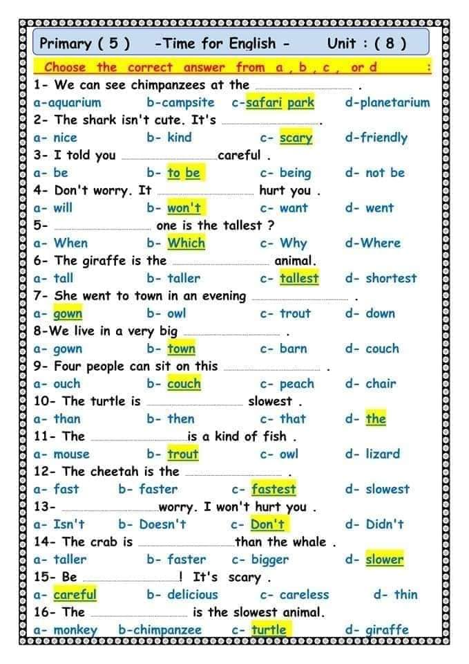 مراجعة لغة انجليزية منهج شهر مارس ترم ثانى للصف الخامس الأبتدائى بالاجابات 4