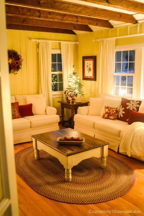 Ivory Velvet Panels In Living Room at Christmas