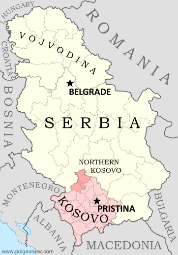 Map of Serbia, Kosovo, and North Kosovo