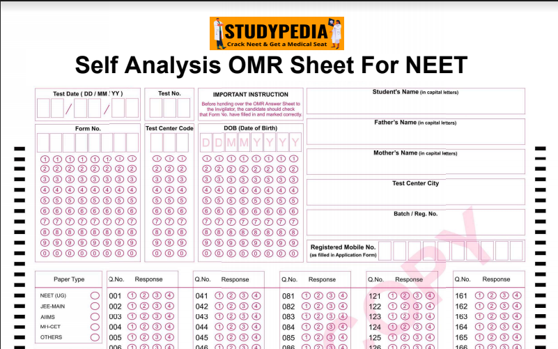 NEET 2020 OMR Sheet For Self Analysis & Practice For NEET Exam