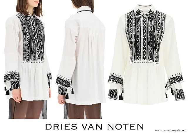 Queen Mathilde wore Dries van Noten castaly embroidered shirt