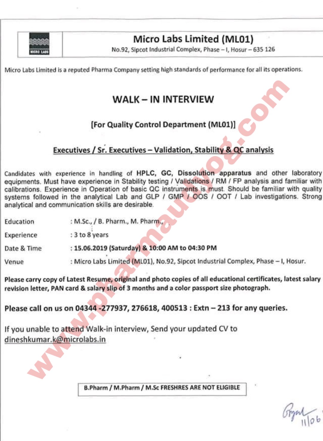 Micro Labs Walkin interview for QC 15 June 2019 Hosur