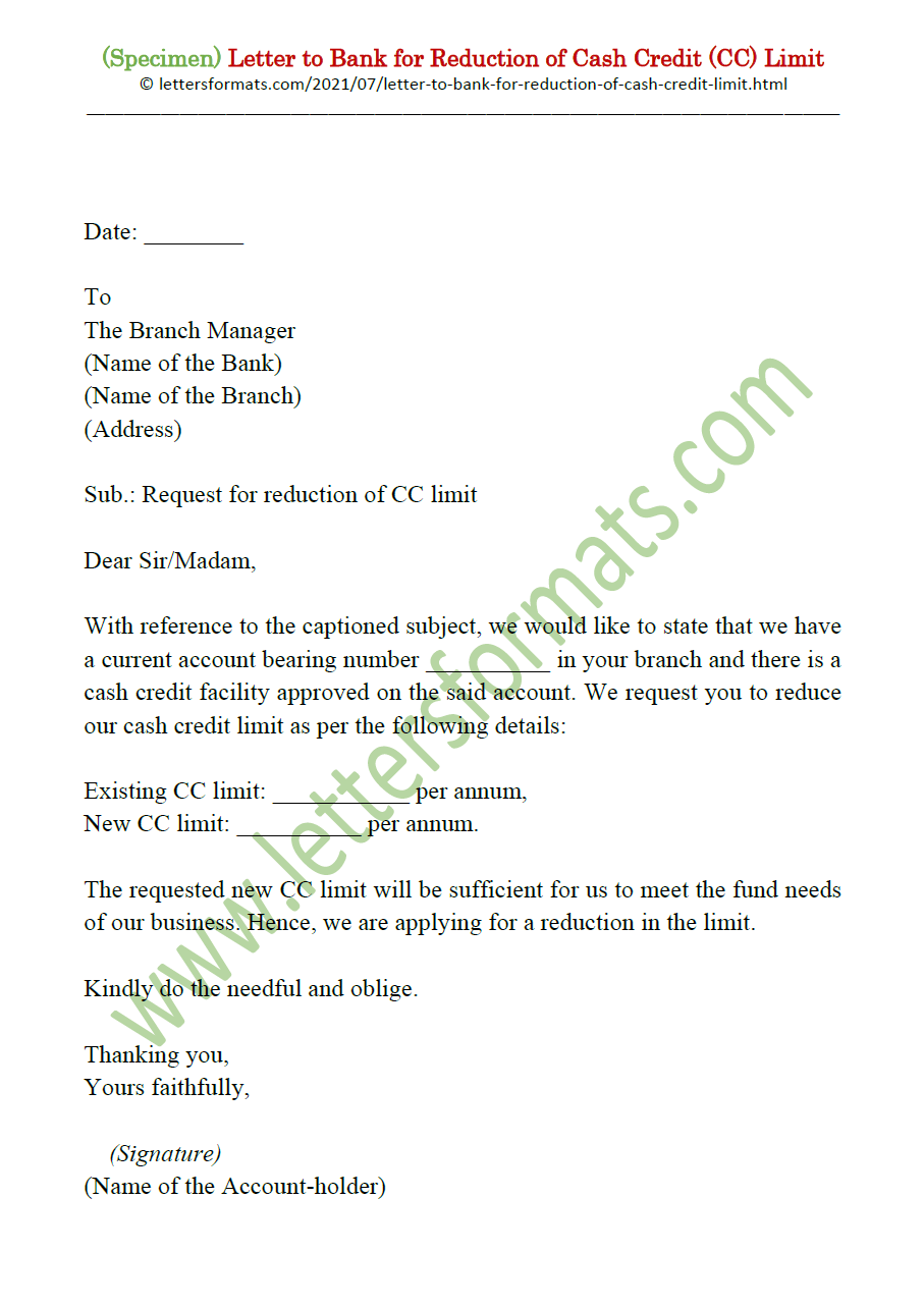 Sample Letter to Bank for Reduction of Cash Credit (CC) Limit