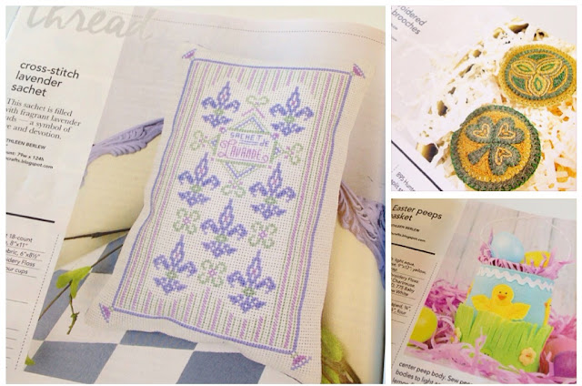 Floss & Fleece: spring needlework designs in Craft Ideas magazine cross-stitched lavender sachet, felt applique Easter basket, felt appliqued celtic brooches