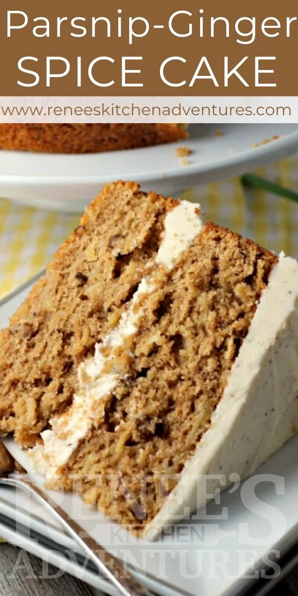 Parsnip Ginger Layer Cake with Browned Butter Frosting pin for Pinterest with cake slice on white plate