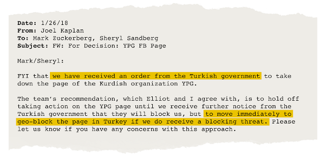 Email from Joel Kaplan regarding the page of Kurdish organization YPG