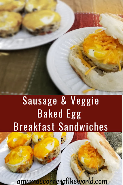 Pinnable image for an easy make ahead recipe for Sausage & Veggie Baked Egg Breakfast Sandwiches
