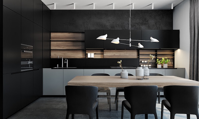 Pastels kitchen mint green central panel low hanging white light black surrounds