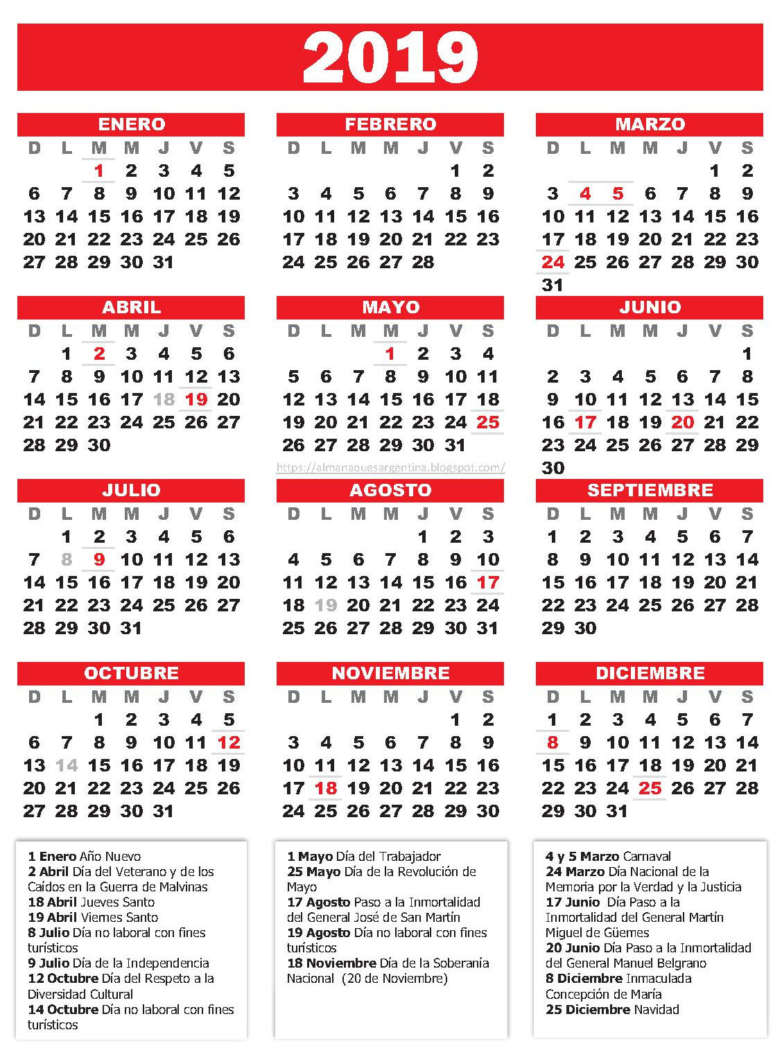 Descarga el calendario de Argentina 2019 para imprimir
