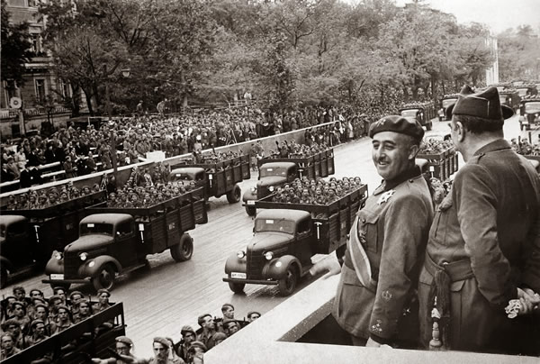Generalissimo Francisco Franco reviewing his Falangist troops after taking Madrid in 1939