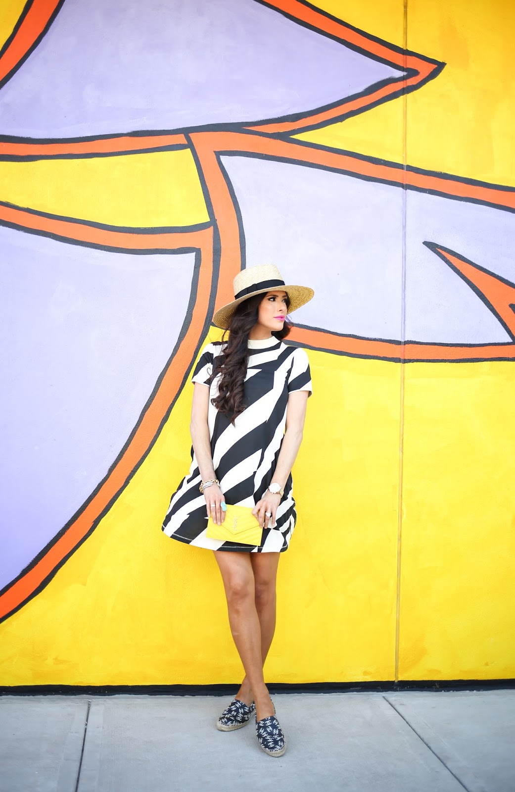 cheap monday striped dress, yellow YSL wallet on a chain, striped swing dress, nordstrom striped wing dress, chanel espadrilles black and with with CCs, michele gold serein watch 18mm, brixton straw hat, emily gemma, the sweetest thing blog, spring fashion pinterest, summer fashion pinterest, summer outfit ideas pinterest, deepa gurnani earrings, chanel espadrilles, tulsa fashion blogger, happy go lucky lipstick